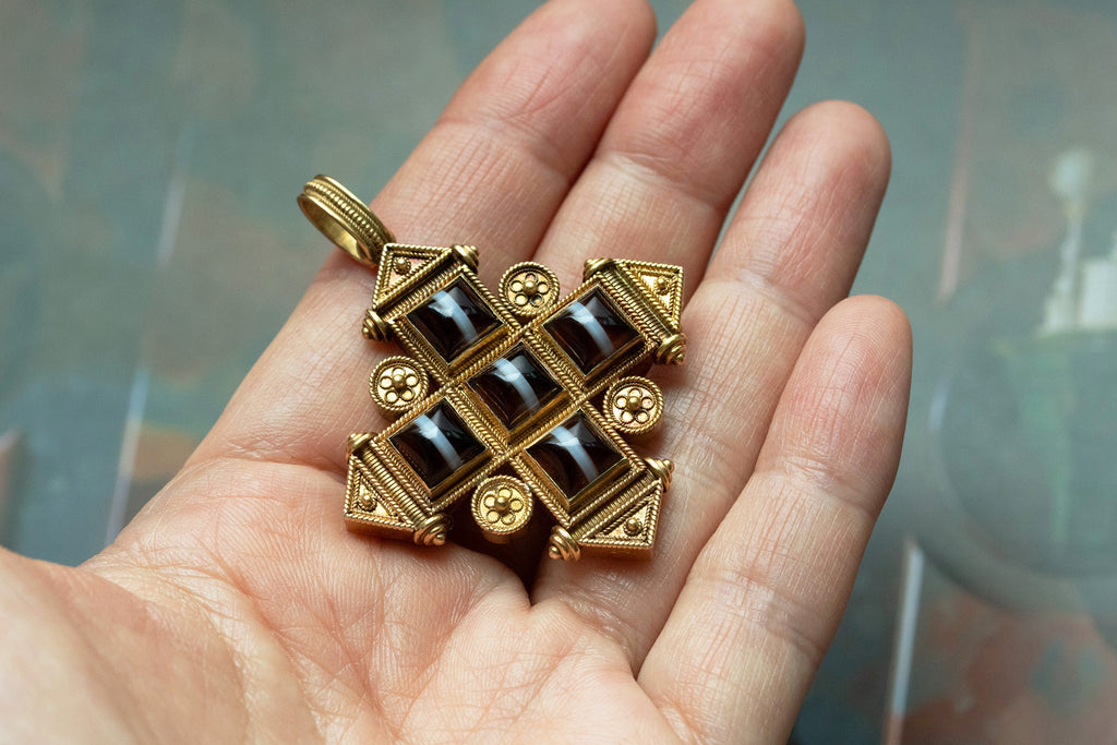 Victorian Banded Agate Archaeological Revival Pendant-Brooch