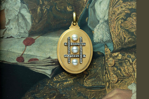 French 'Tic-Tac-Toe' Diamond and Pearl Locket