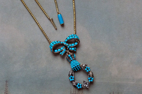 Early Victorian Turquoise and Diamond Bow, Hand and Wreath Necklace