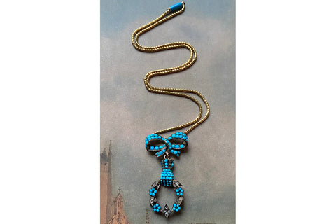Early Victorian Turquoise and Diamond Bow, Hand and Wreath Necklace