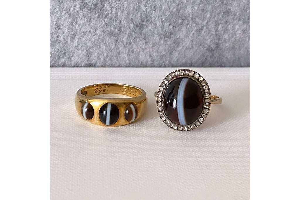 Mid-Victorian Banded Agate Diamond Halo Ring