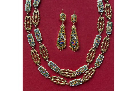 C.1830. 'Birds of Paradise' Enamel Sautoir Chain & Earrings