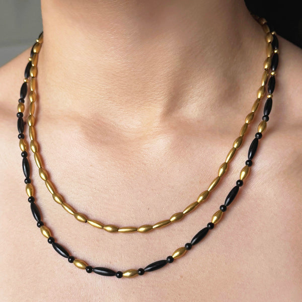 Victorian 14k Gold & Matte Black Enamel Bead Necklace Set
