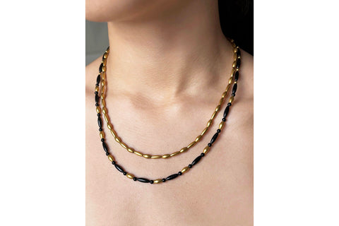 Victorian 14k Gold & Matte Black Enamel Bead Necklace Set