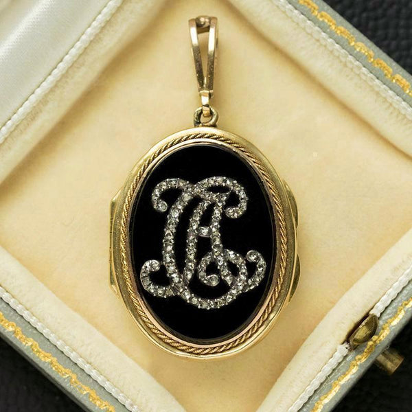 Antique French Onyx Diamond 'AC' Locket