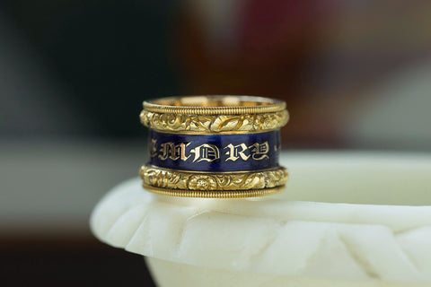 Wide Georgian Blue Enamel Memorial Ring