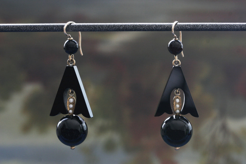 Victorian Onyx and Seed Pearl Earrings
