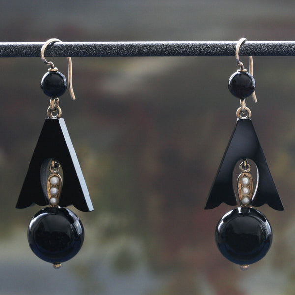 Victorian Onyx and Seed Pearl Earrings