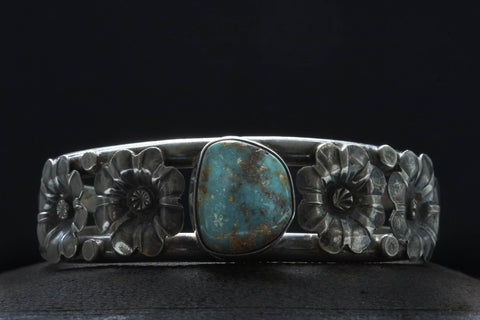 Navajo Turquoise Bangle With Floral Motif