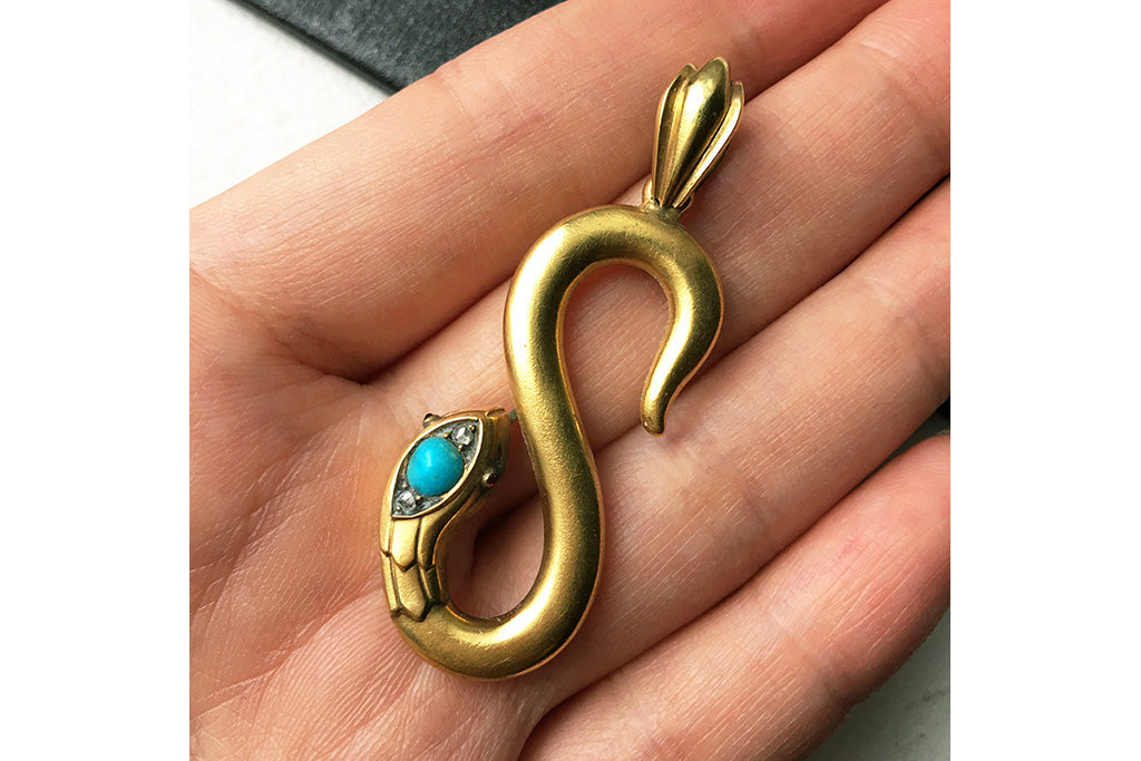 Antique French Snake Turquoise Diamond Pendant.