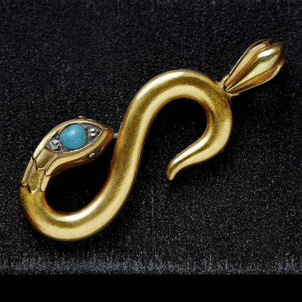 Antique French Snake Turquoise Diamond Pendant.