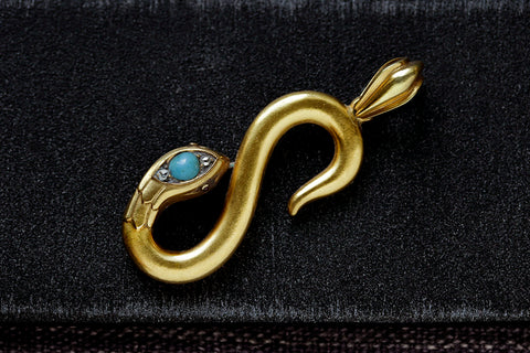 Antique French Snake Turquoise Diamond Pendant.