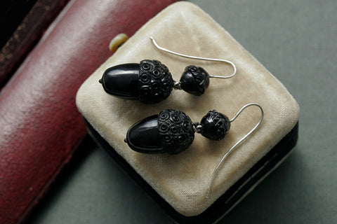 Victorian Whitby Jet Acorn Earrings