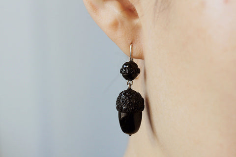 Victorian Whitby Jet Acorn Earrings