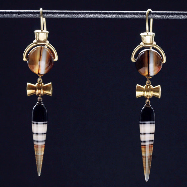 Victorian Banded Agate and Gold Drop Earrings