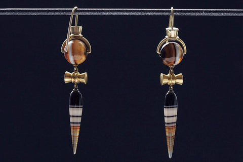 Victorian Banded Agate and Gold Drop Earrings