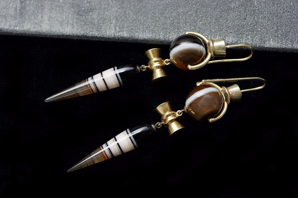 Victorian Banded Agate and Gold Drop Earrings