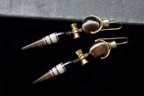 Victorian Banded Agate and Gold Drop Earrings