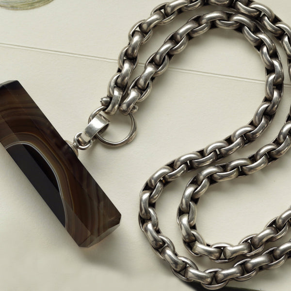Banded Agate Bar Pendant with Heavy Silver Chain
