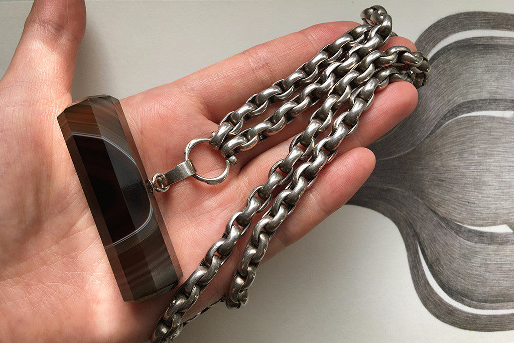 Banded Agate Bar Pendant with Heavy Silver Chain