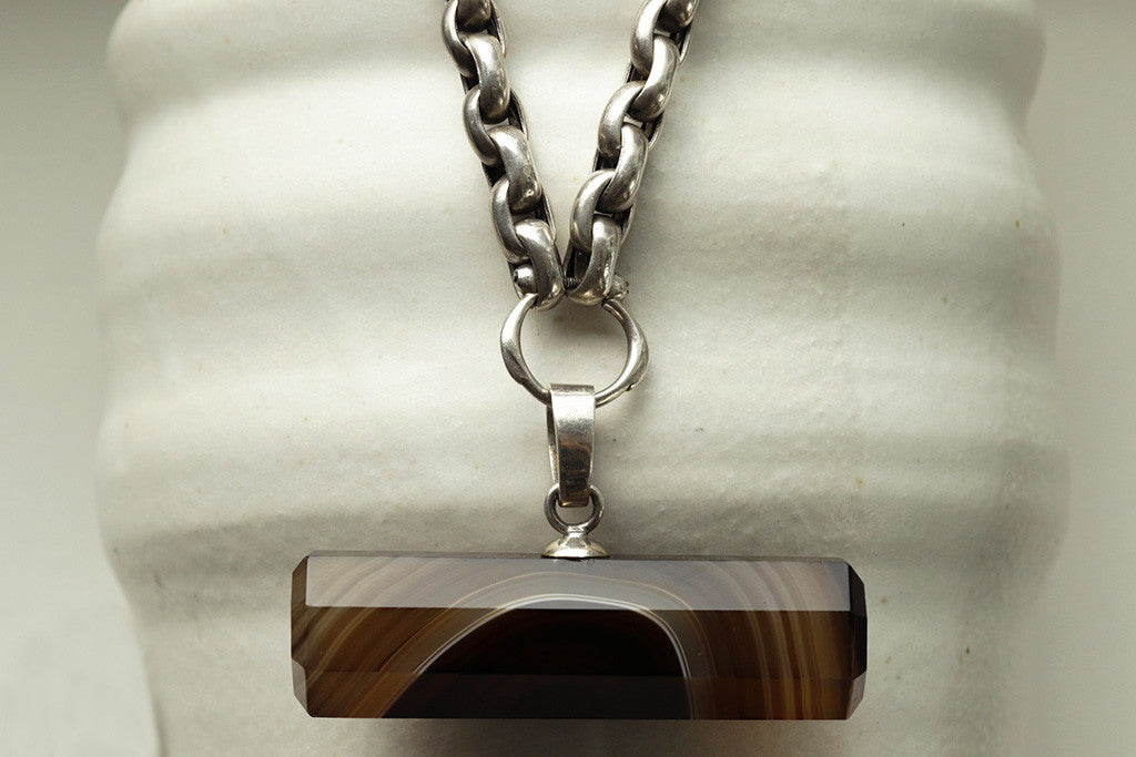Banded Agate Bar Pendant with Heavy Silver Chain