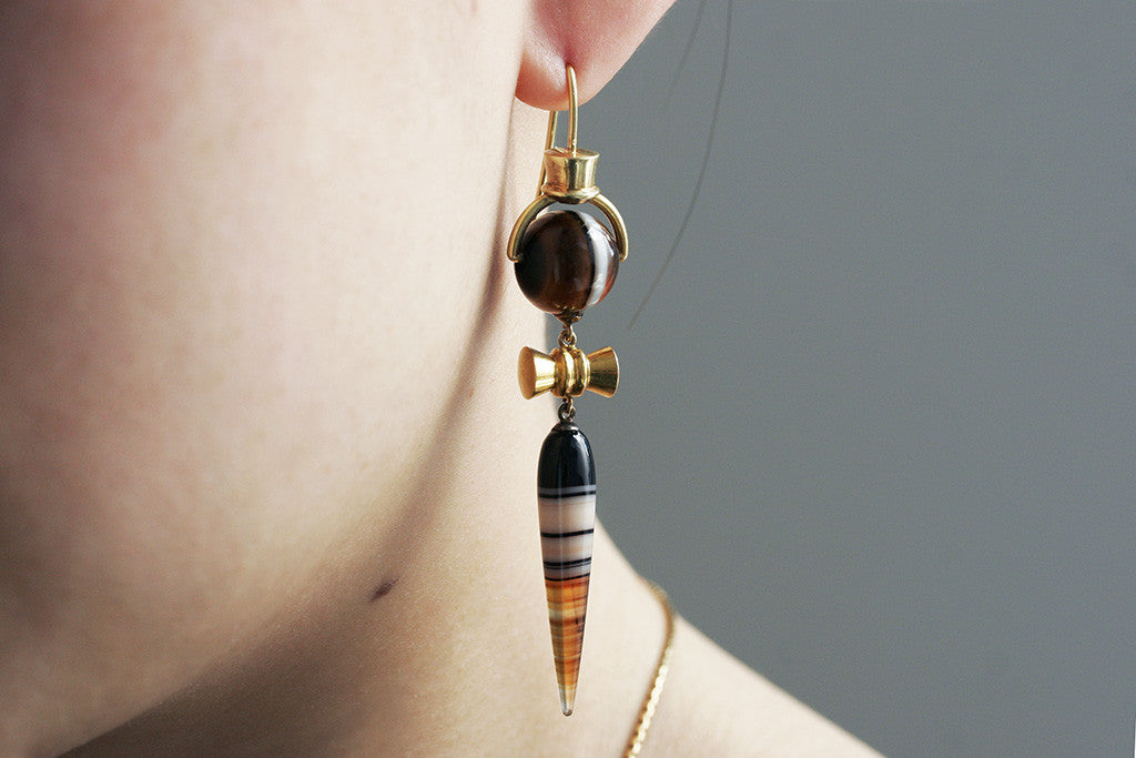 Victorian Banded Agate and Gold Drop Earrings