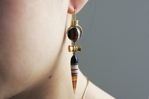 Victorian Banded Agate and Gold Drop Earrings