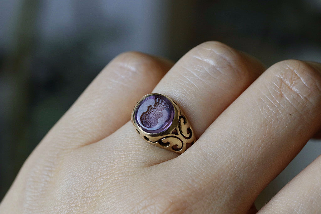 Edwardian Amethyst Crest Intaglio Ring