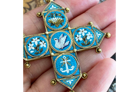 C.1860. Large Micro Mosaic & Gold Pendant