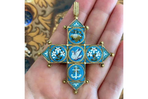 C.1860. Large Micro Mosaic & Gold Pendant