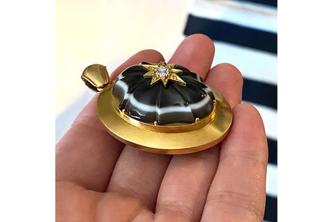 Victorian Banded Agate Diamond Gold Locket
