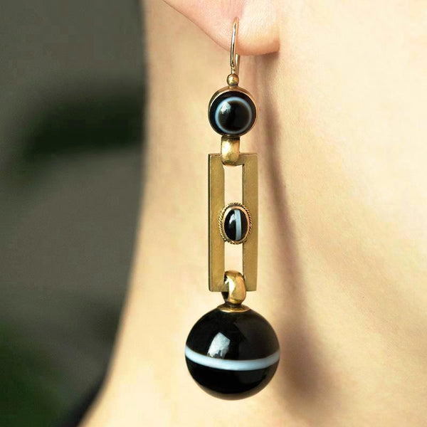 Victorian Banded Agate Gold Earrings