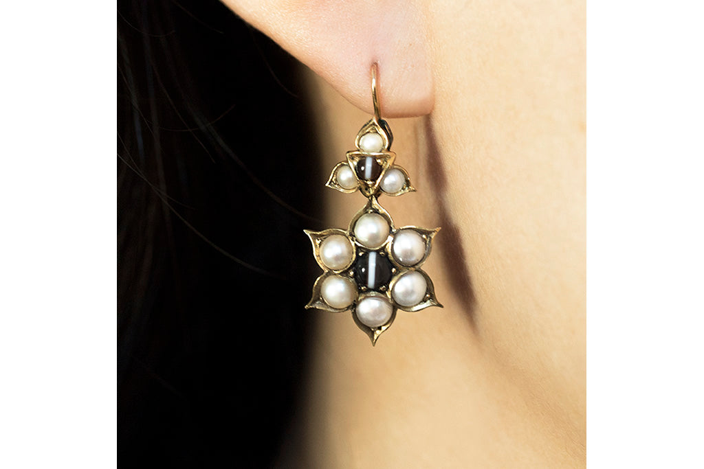 Victorian Banded Agate Pearl Earrings