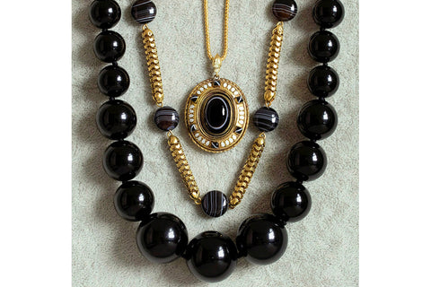 Late Victorian Banded Agate & Jet Jewelry