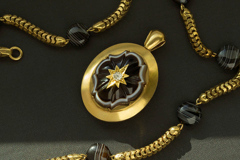 Victorian Banded Agate Diamond Gold Locket