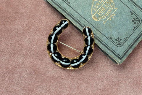 Victorian Banded Agate Diamond Horseshoe Brooch