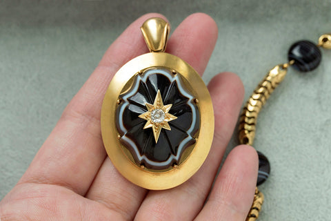 Victorian Banded Agate Diamond Gold Locket