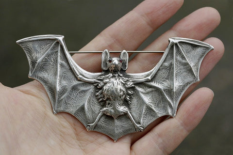 Huge Sterling Silver Bat Brooch