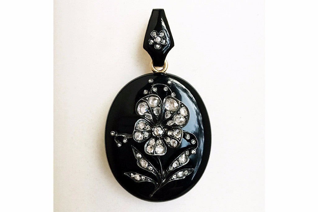 Victorian Black Enamel Diamond Pansy Locket