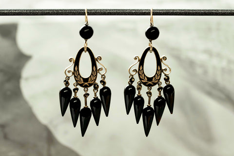 Victorian Black Enamel & Onyx Drop Earrings