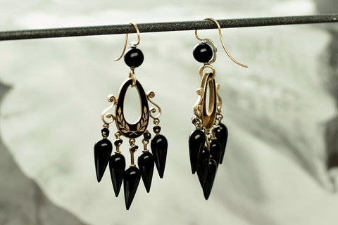 Victorian Black Enamel & Onyx Drop Earrings