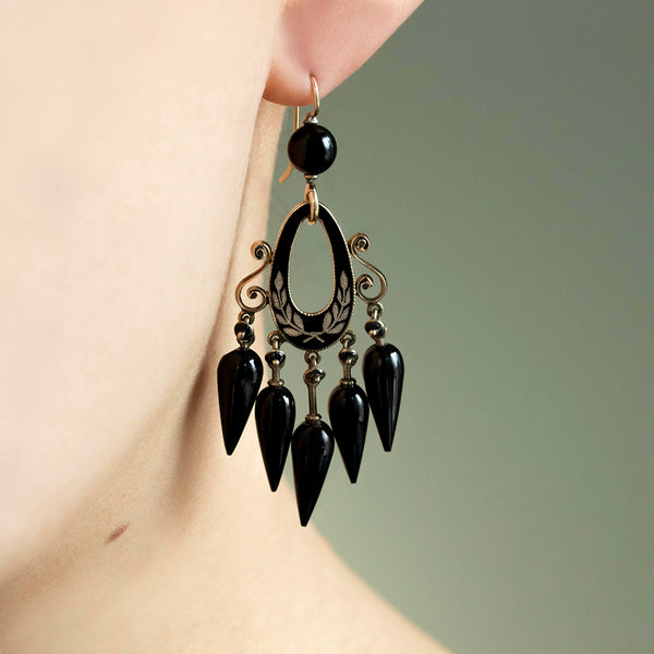 Victorian Black Enamel & Onyx Drop Earrings
