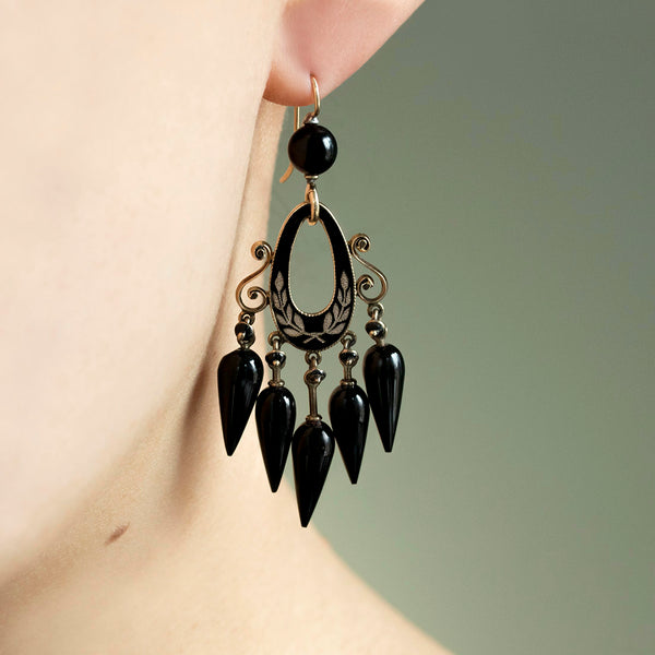 Victorian Black Enamel & Onyx Drop Earrings
