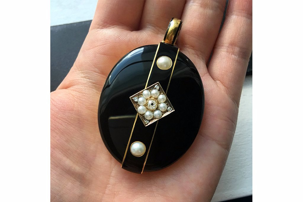 Late Victorian Black Enamel Diamond Pearl Locket