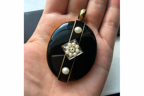 Late Victorian Black Enamel Diamond Pearl Locket