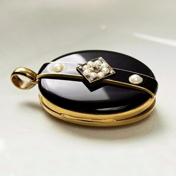 Victorian Black Enamel Diamond Pearl Locket