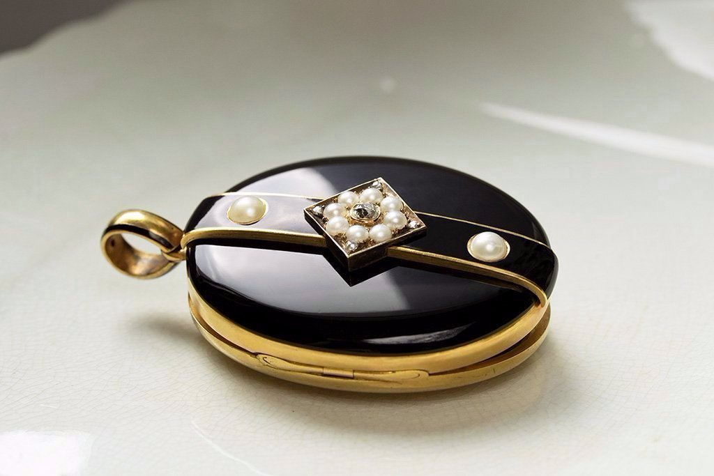 Large Victorian Black Enamel Diamond Pearl Locket