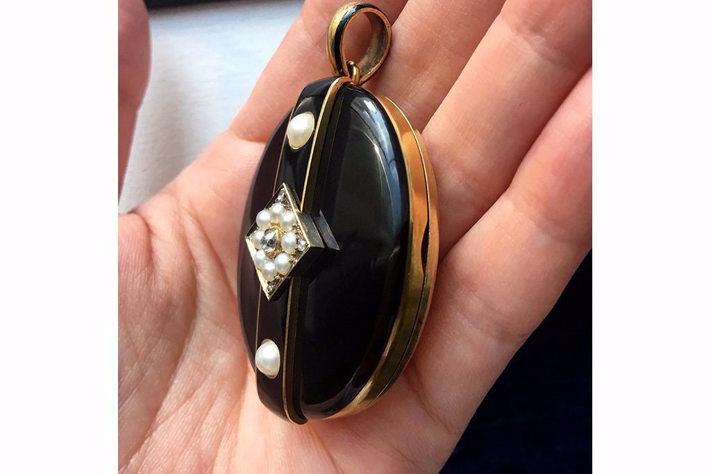 Late Victorian Black Enamel Diamond Pearl Locket