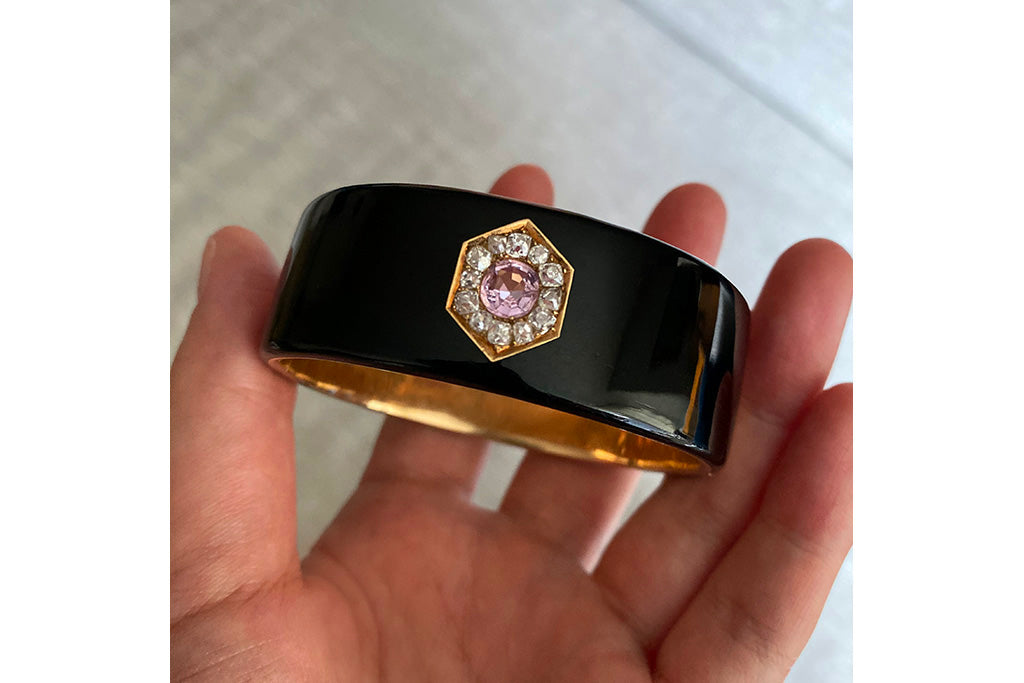 Victorian Black Enamel Bangle with Pink Topaz & Diamond