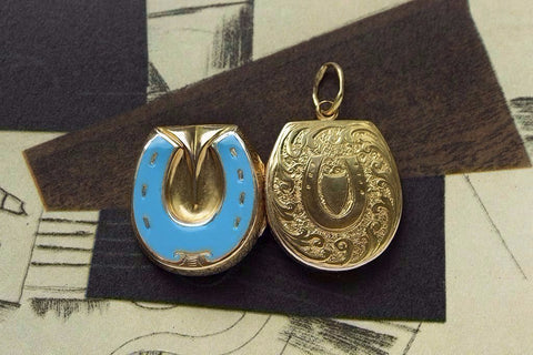 Victorian Blue Enamel Gold Horseshoe Locket